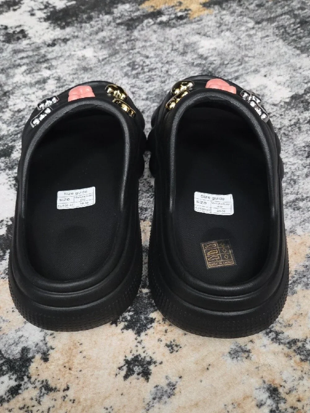 Black Chunky Heart Charm Slide Sandals EU 39-40